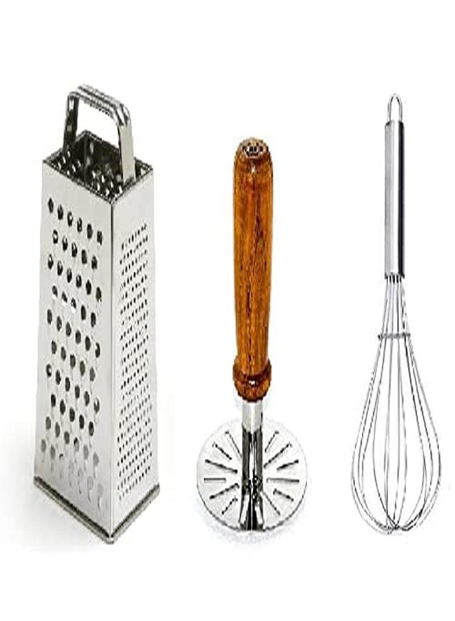 New Trend Best Combo of 3 Kitchen Tools - Stainless Steel 4 in 1 Smart Vegetable Grater & Slicer, Stainless Steel Potato Masher with Wooden Handle, Stainless Steel Balloon Whisk (Color - Silver) - Image 1